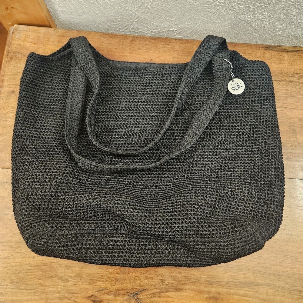 The Sak Black Crochet Tote Bag Women Shoulder Bag Knit Handbag Black Purse